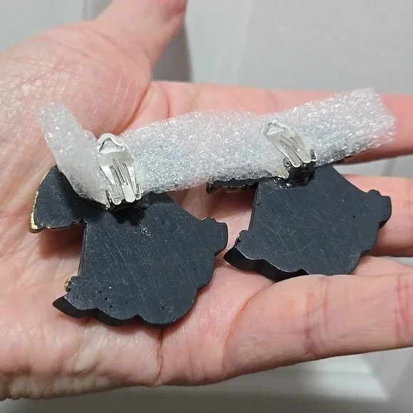 Gold and Black Christamas Angel Eartings  Clip On Earrings - Picture 5 of 12